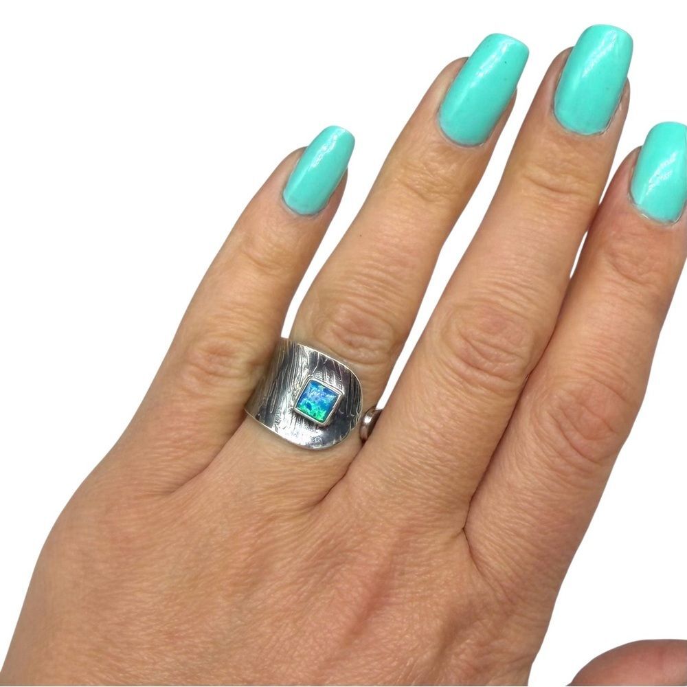 Blue Fire Opal Ring Adjustable 7 7.5 Solid 925 Sterling Silver Wide Band - Picture 2 of 7